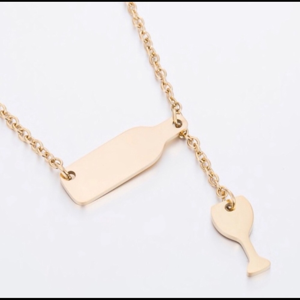🌹3/$10 Gold Wine Bottle & Glass Trendy Necklace - Picture 2 of 5